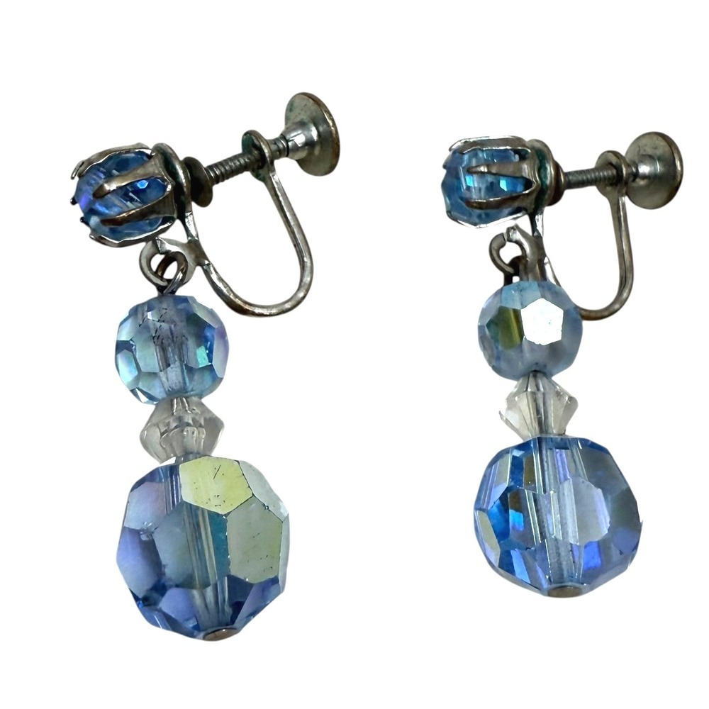 VTG Blue Aurora Borealis Bead Dangle Earrings Silver Tone Screw Back 1 1/4 in